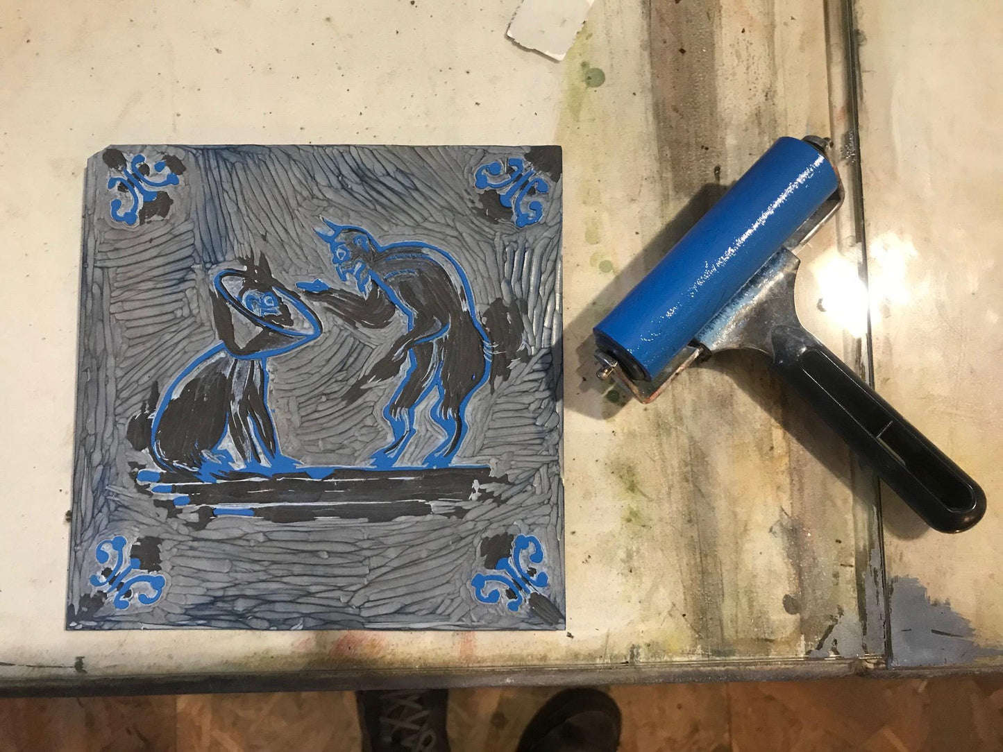 A Rare Delft Tile Depicting The Devil Punishing A Minion For Inappropriate Behaviour In Public.