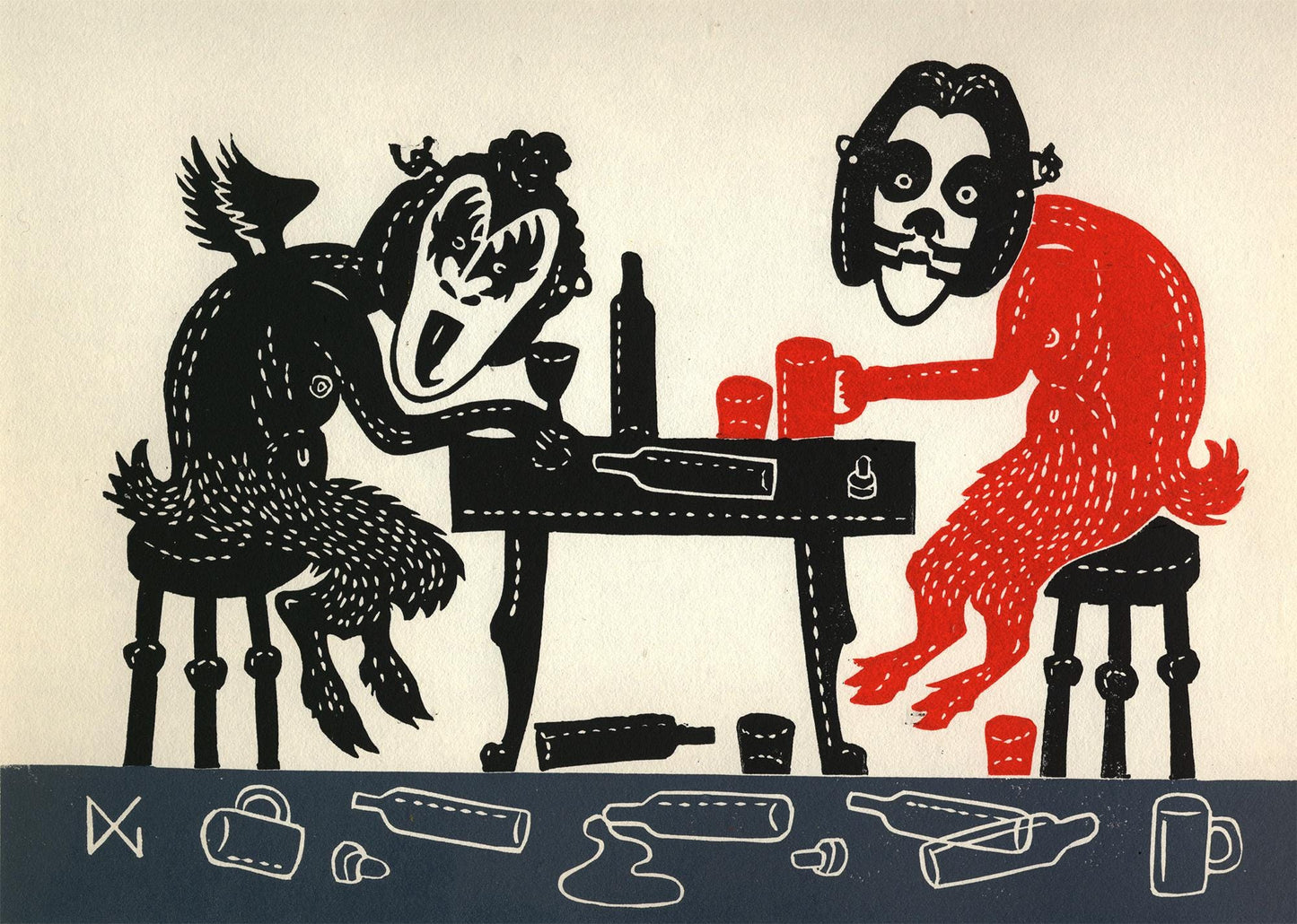 Two Devils Play A Drinking Game Wearing 'Kiss' Masks. Gene Simmons Is Already Asleep.