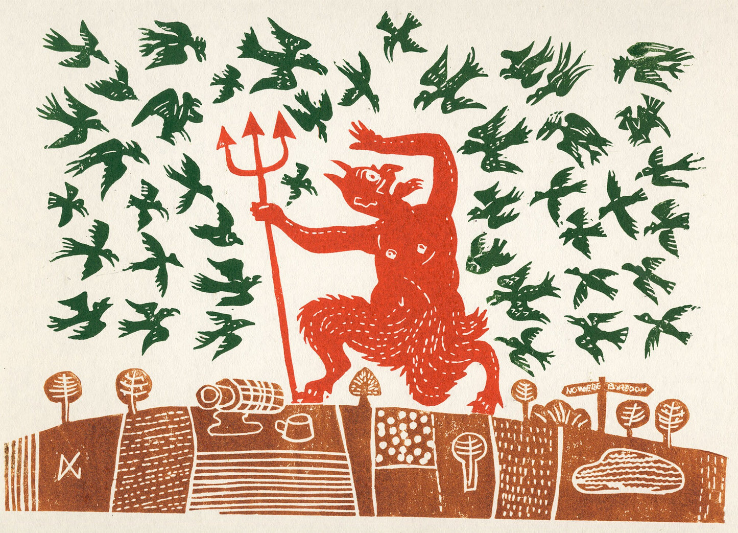 The Devil Is Attacked By A Flock Of Green Birds, Knocking Over His Thermos Flask Of Tea.