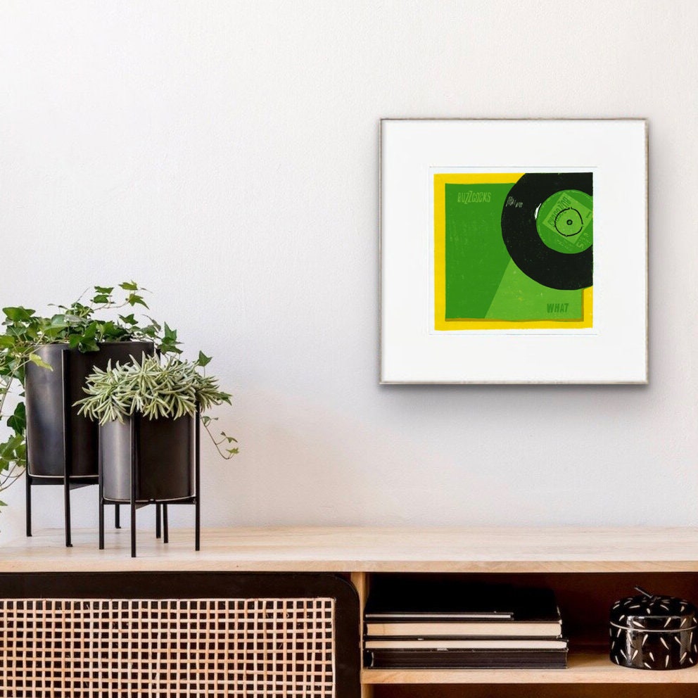 Hand-cut limited edition linocut of 'What Do I Get?' single by The Buzzcocks