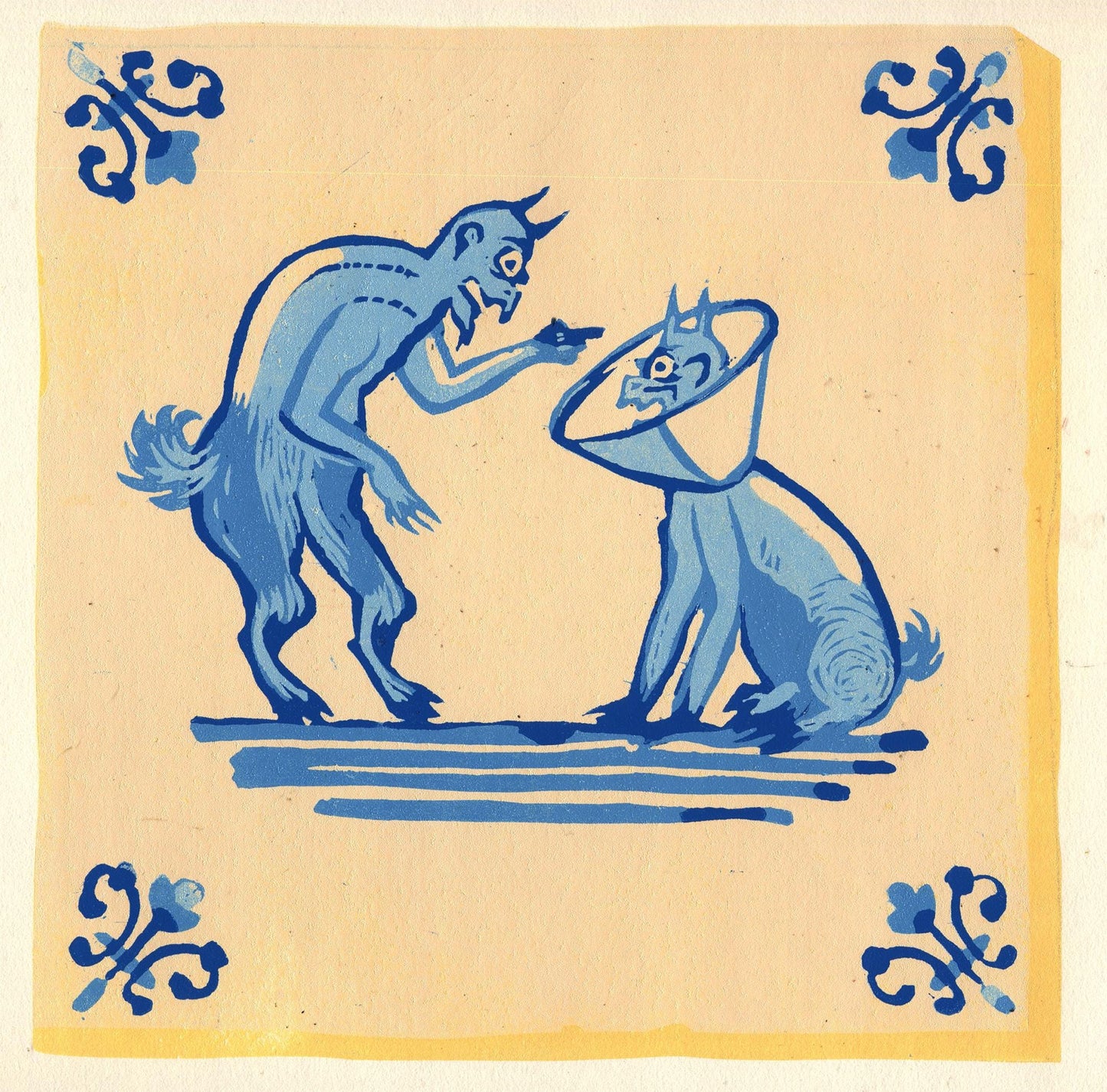 A Rare Delft Tile Depicting The Devil Punishing A Minion For Inappropriate Behaviour In Public.
