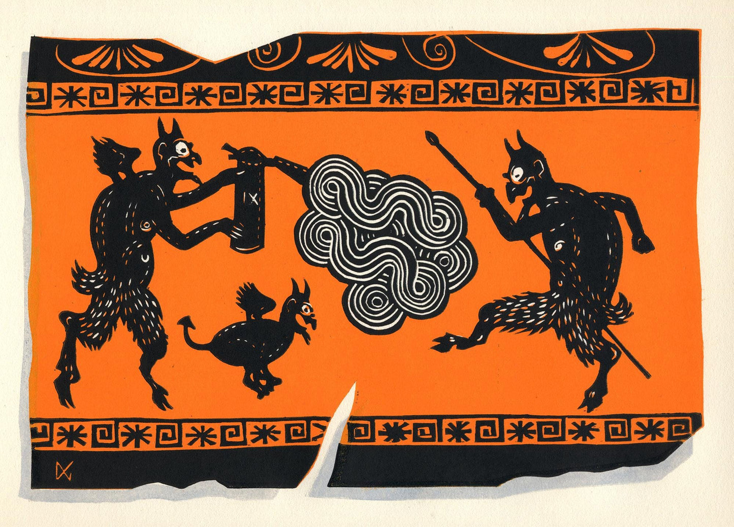 A Portion Of An Ancient Greek Vase Showing Two Devils Setting Off A Fire Extinguisher In Their School.