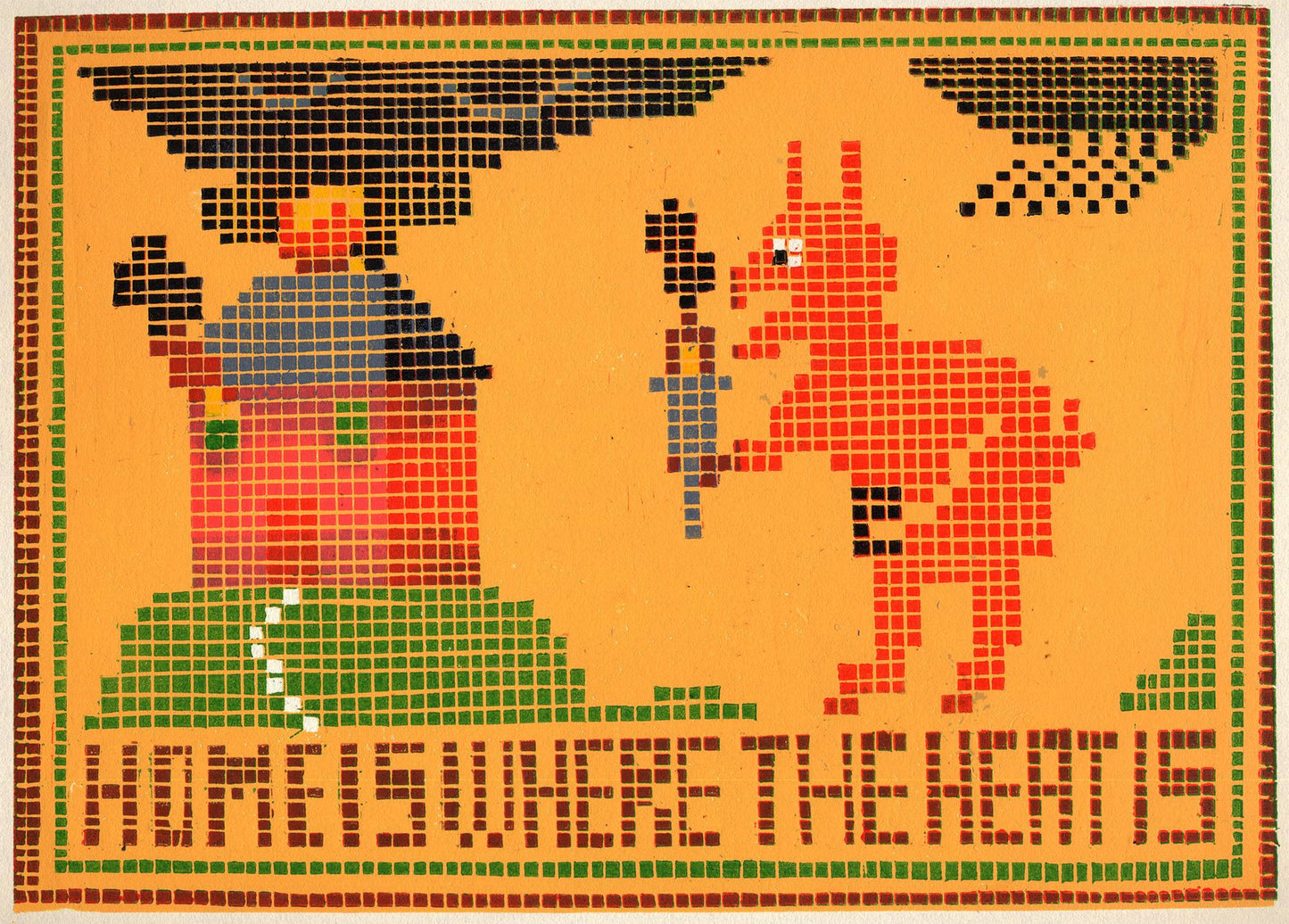 For The Devil's Birthday His Grandma Made Him A Needlepoint Picture Depicting His Favourite Pastime.