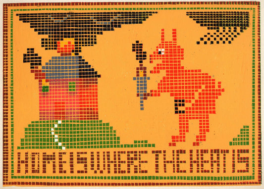 For The Devil's Birthday His Grandma Made Him A Needlepoint Picture Depicting His Favourite Pastime.