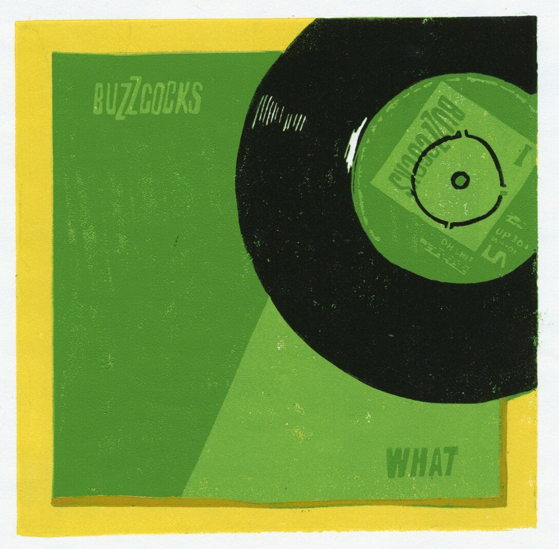 Hand-cut limited edition linocut of 'What Do I Get?' single by The Buzzcocks